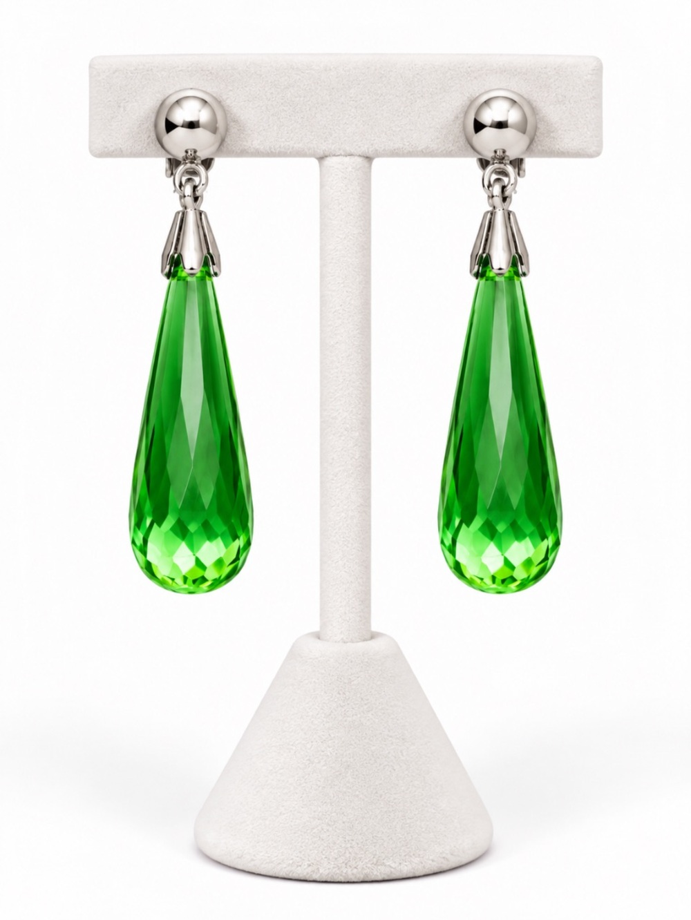 Emerald Green Faceted Teardrop Dangle Clip On Earrings Silver Tone